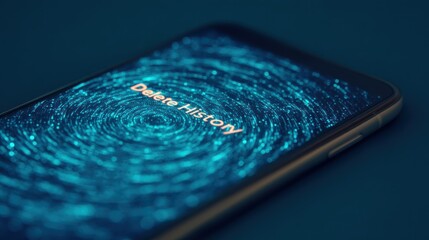 A smartphone screen displays a swirling blue pattern with the text "Delete History," suggesting themes of digital privacy and data management.
