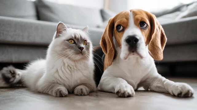 A cat and a dog are laying on the floor next to each other. The cat is white and the dog is brown. Pastel minimalist setting with a Ragdoll Cat beside a Beagle Dog, gentle shadows, cat and dog minimal