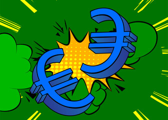 Cartoon Euro sign. Retro vector comics pop art design.
