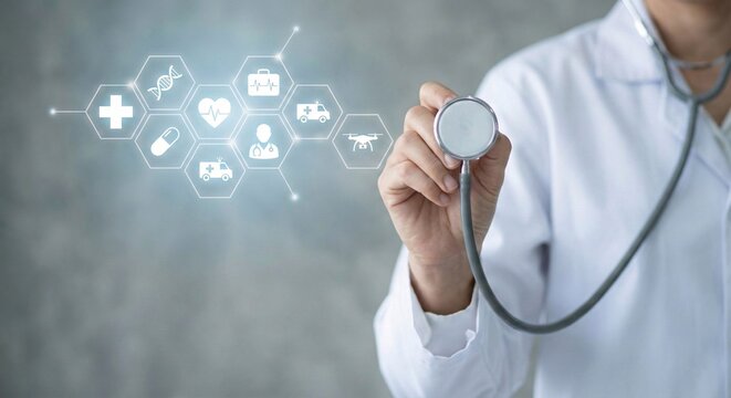 Doctor holding stethoscope with medical technology icons symbolizing digital healthcare and innovative future - Powered by Adobe