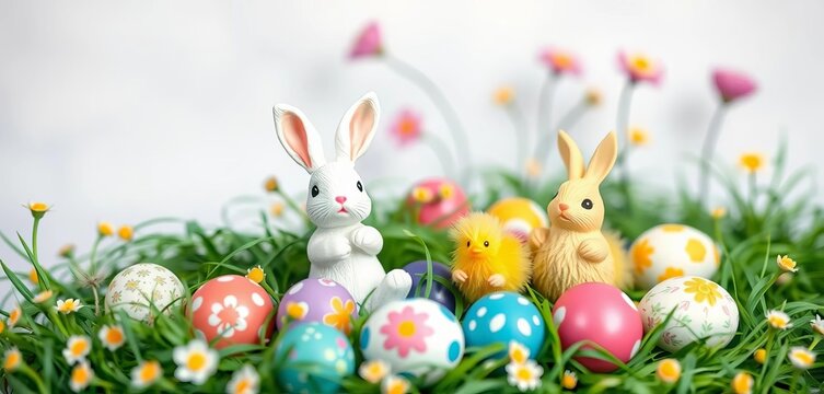 Bunny figurines and fluffy chicks scattered around decorated Easter eggs in a whimsical arrangement,  fluffy,  bunny - Powered by Adobe