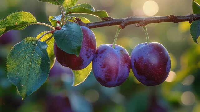 Three ripe purple plums hanging on a branch with green leaves, bathed in warm sunlight.