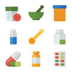 Medicine dosage and treatment icons collection, pill bottle capsule blister spoon flat vector illustration for healthcare branding