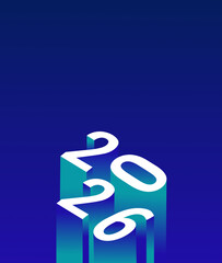 Modern 3D isometric illustration of the number &ldquo;2026&rdquo; rising vertically with long gradient shadows on a deep blue background. Futuristic and minimal design concept representing the new year 2026, futu