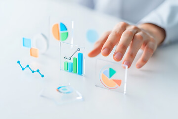 Hand interacting with holographic financial charts and graphs on a white surface