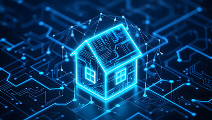 Futuristic glowing blue house symbol on a digital circuit board background