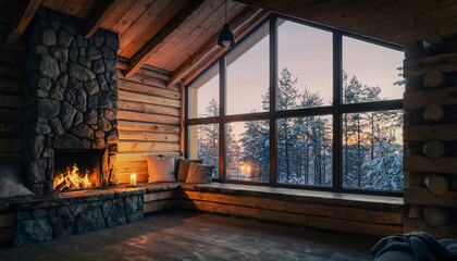 Cozy rustic cabin living room with stone fireplace.