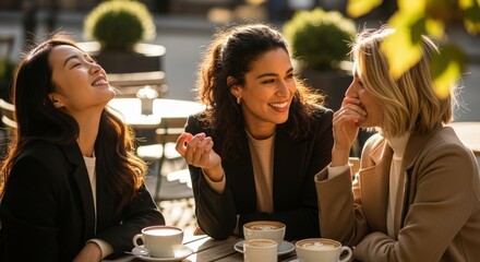 Three female colleagues enjoying coffee outdoors. One Asian woman with long black hair, one Hispanic woman with curly dark hair, and one Caucasian woman with short blond hair.