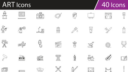 Art icons collection, creative tools set, painting sculpture photography music theater film symbols, artistic disciplines vector pack, cultural expression elements for education, design