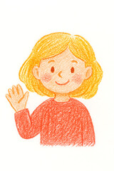 Handdrawn Happy Girl Waving Illustration &ndash; Cute Child Portrait with Friendly Expression, Innocent Childhood Charm for Greeting Cards