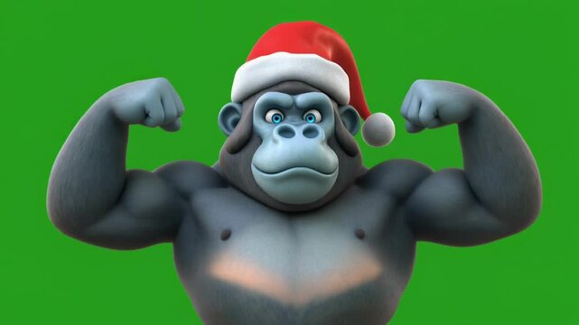 Strong Cartoon Gorilla in Santa Hat Flexing Biceps Green Screen