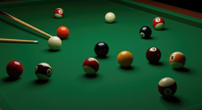 A high-angle view of a classic green felt pool table surface with cue balls, striped and solid balls scattered ready for a game of billiards ,nightlife ,chalk ,corner