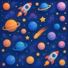 Naklejka premium A seamless cosmic pattern featuring layered planets, rockets, comets, stars, and nebula shapes. Soft glowing gradients and clean repetition create a whimsical outer-space design perfect for kids