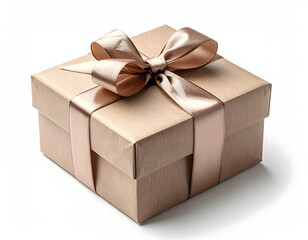 Obraz premium Luxurious brown gift box adorned with a shimmering satin ribbon, embodying the spirit of giving, celebration, and cherished moments on a pristine white background