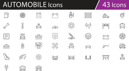 Automotive icons set, vehicle maintenance symbols, car service tools, garage elements, diagnostics and safety visuals, transportation components vector pack for mechanic, repair, electric vehicle