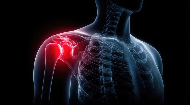 Anatomical illustration of shoulder pain and inflammation.