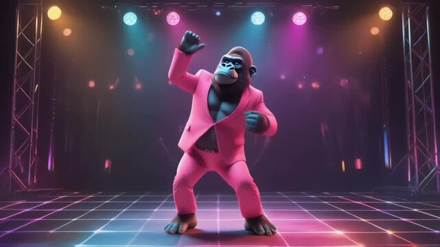 Animated Gorilla Dancing in Pink Suit Disco Floor