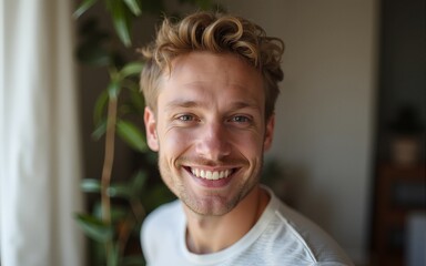 Young man smiling at home. High quality