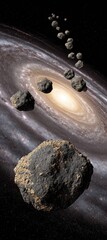 Asteroids Drifting Past a Luminous Spiral Galaxy.