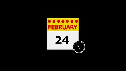 February 24th Calendar Page with Clock Icon on Black Background twenty four date