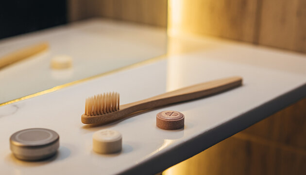 EcoFriendly Bathroom Essentials Bamboo Toothbrush and Solid Toothpaste Tablets on a Marble Shelf for Sustainable Oral Hygiene and Zero Waste Living.