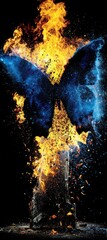 Blue butterfly engulfed in flames, symbolizing transformation and rebirth.