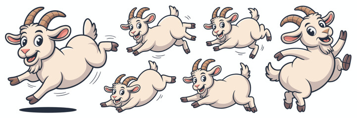 Fototapeta premium Cute cartoon baby goats jumping and running set, a cheerful collection of energetic farm animal characters leaping happily in various dynamic poses, vector illustration for kid's educational materials