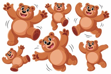 Obraz premium Six delightful, adorable cartoon brown bears jumping and running with joyful energy, a cheerful, dynamic vector illustration of happy teddy bear cubs bouncing excitedly, an engaging design element for