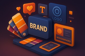 A vibrant 3D branding concept scene featuring layered color swatches, typography tools, logo variations, and moodboard card. Floating engagement icons and analytics tags orbit the central brand design