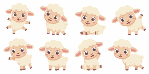 Adorable cartoon baby lamb and sheep character collection in various playful poses, isolated vector illustration set perfect for children's designs, cheerful nursery graphics, farming mascots, textile