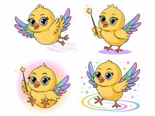 Obraz premium Sweet adorable cartoon baby chick fairy wizard character set flying, standing, and dancing, featuring colorful iridescent rainbow wings and a star magic wand, a joyful vector illustration design for c