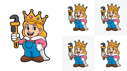 Cheerful female plumber queen mascot cartoon illustration holding an adjustable pipe wrench symbolizing reliable repair, home maintenance service, and skilled tradeswoman expertise, ideal vector graph