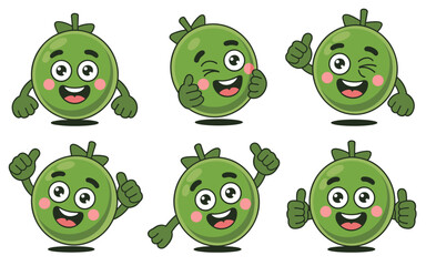 Obraz premium Kawaii green citrus fruit mascot characters collection demonstrating various positive emotions like cheerful happiness and approval with thumbs up gestures, ideal cartoon vector illustration for kids,
