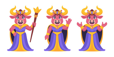 Anthropomorphic pink bovine goddess queen mascot character wearing royal purple and gold attire, a crowned monarch holding a scepter, symbolizing strong leadership, power, and authority in this charmi