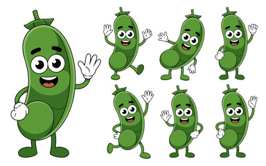 Green pea pod vegetable mascot cartoon character vector illustration set displaying multiple cheerful poses: waving, running, standing, and expressing happiness; ideal for food marketing, healthy eati