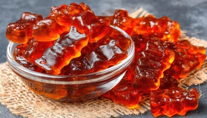 Bowl of Red Gummy Bears on Burlap Fabric.