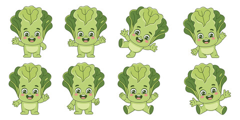 Cute kawaii bok choy vegetable mascot character collection bundle in eight diverse action poses, standing, jumping, and sitting, offering a playful, vibrant vector illustration set for children's heal