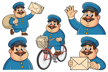 A cheerful cartoon postman character collection delivering correspondence and showing friendly customer service, featuring the happy mail carrier riding a bicycle, running with a sack, and waving hell