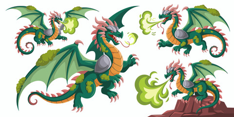 Powerful green fantasy dragon character set breathing toxic chemical gas and smoke in aggressive flight and attack poses, vector illustration assets depicting legendary medieval armored monsters for g