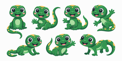 Fototapeta premium Seven adorable cartoon baby green geckos, colorful tropical reptiles, posing and cheerfully waving with big expressive eyes, a friendly vector illustration bundle perfect for wildlife education, playf