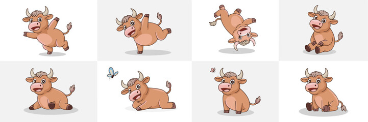 A cute cartoon ox character illustration set showing different playful and dynamic poses like running, sitting, and balancing, perfect for children's educational content, vector graphic resources, mar