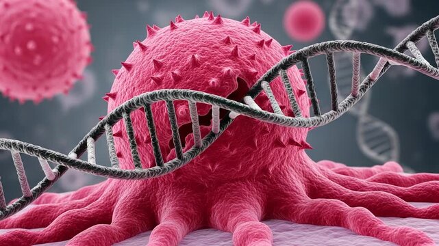 Cancer cell with dna double helix structure, illustrating genetic mutation or disease