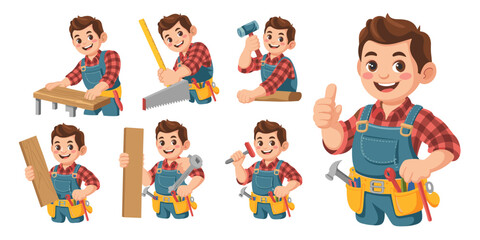 Friendly cartoon handyman character, skilled technician worker in overalls and plaid shirt, performing home improvement and maintenance tasks like sawing, hammering, and holding wood planks, a profess
