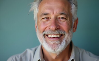 Beautiful elderly senior man, model, man with grey hair laughing and smiling into camera, old man portrait, skin care, cosmetics, dental, beauty, generative ai. High quality