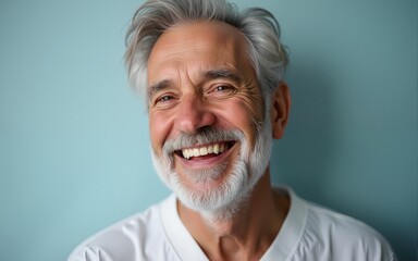 Beautiful elderly senior man, model, man with grey hair laughing and smiling into camera, old man portrait, skin care, cosmetics, dental, beauty, generative ai. High quality