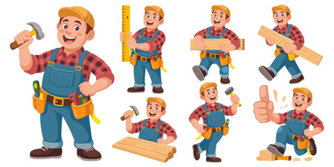 Cheerful construction worker character set vector illustration, depicting a happy professional tradesman and DIY handyman in various poses, measuring, carrying lumber, and using tools for home improve