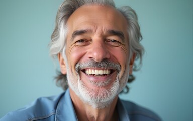 Beautiful elderly senior man, model, man with grey hair laughing and smiling into camera, old man portrait, skin care, cosmetics, dental, beauty, generative ai. High quality