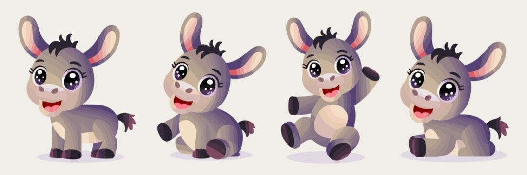 Adorable cartoon baby donkey character collection featuring four different playful poses, smiling gray foals with big kawaii eyes, isolated vector graphic illustration for cheerful children's book des