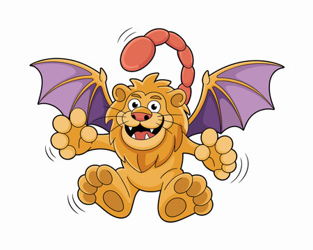 Cute cheerful cartoon manticore chimera creature character jumping and flying with wide purple bat wings and a coiled red scorpion tail stinger; a playful fantasy animal vector illustration isolated o