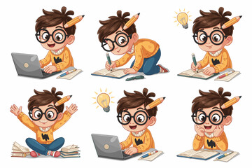 Fototapeta premium Friendly cartoon character collection of a cute schoolboy wearing round glasses and a yellow sweater, diligently studying, writing homework, happily sitting with books, and using modern digital techno